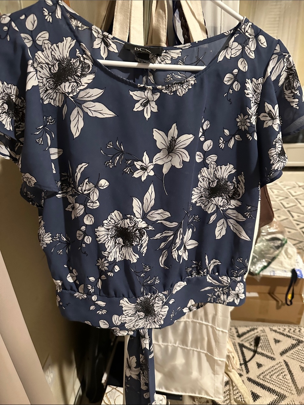 BCX Navy Blue Floral Tie-Front Crop Top